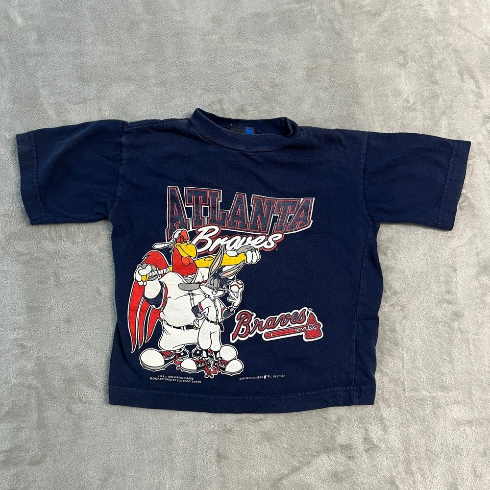 Vintage 90s Atlanta Braves Looney Tunes Bugs Bunny Kids T-Shirt Sun Tag Navy